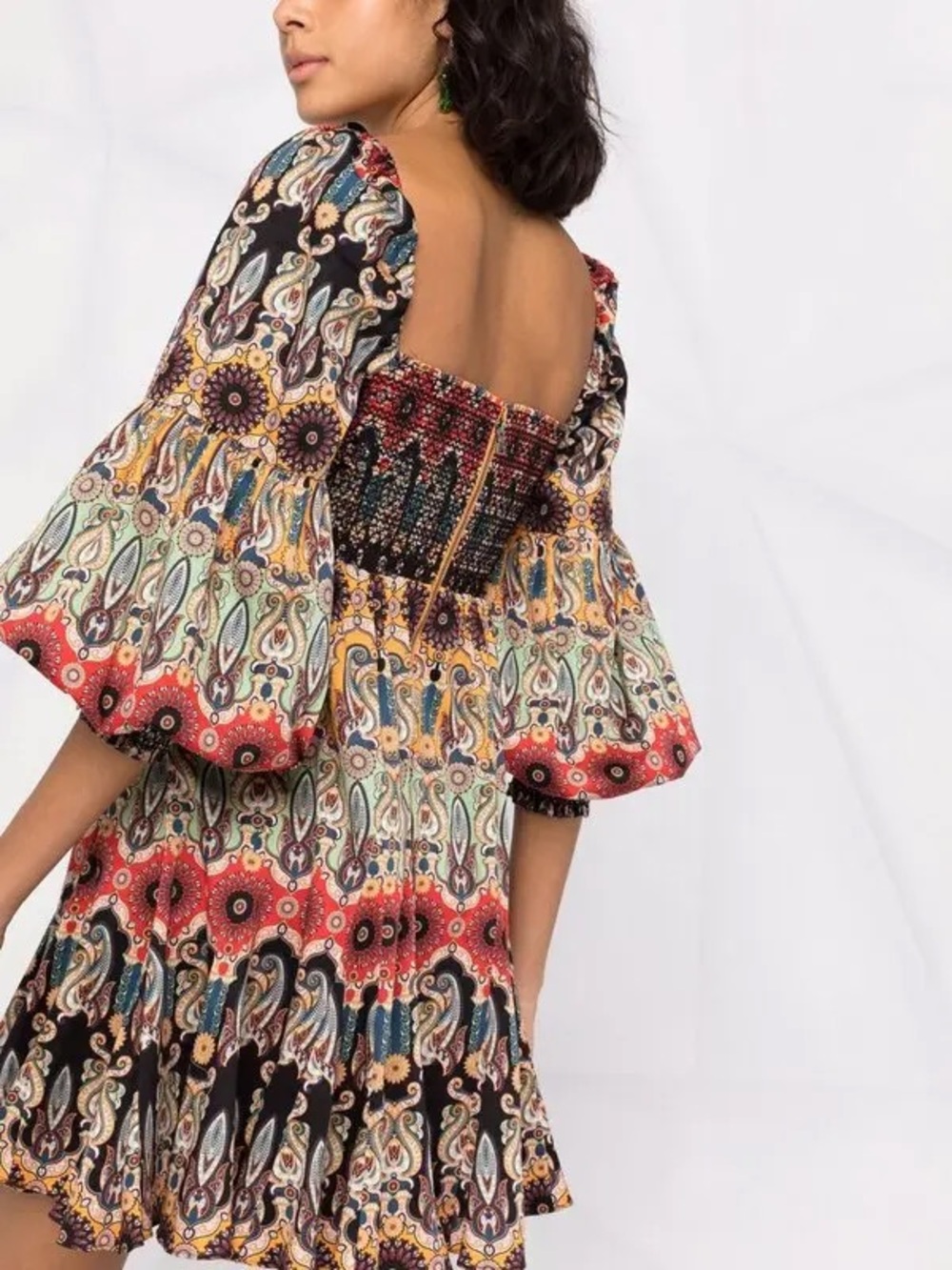 Alice+Olivia Smocked Square Neck Mini Multi Color Floral Boho Fairy Earth Retro
